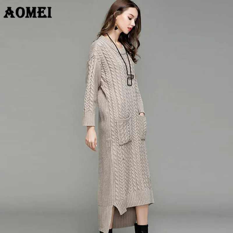 Oversized Sweater Midi Irregular Dresses with Pocket Twisted Ribbed Jumper Tunic Fashion Knitted Split PulloverBlack Grey Color | Женская