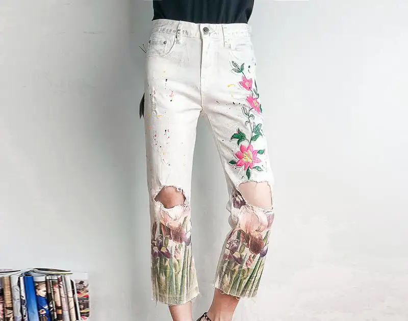 Summer Spring Women White Ripped Hole Printed Floral Pattern Ankle Length Denim Pants Woman Flower Jeans Trousers | Женская одежда