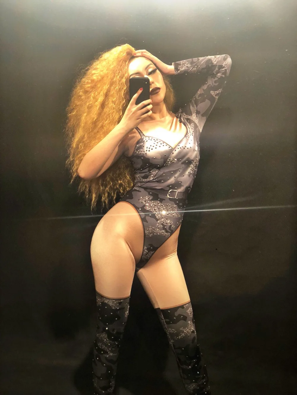 Women N Sexy Black Camo Rhinestone Flash Jumpsuit 3D Print Nightclub Party Bodysuit Stage Wear Bling Costumes Dancer Singer |