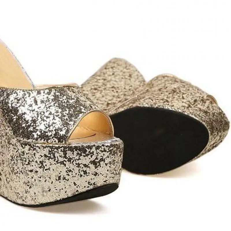

Bling Bling Sequined Sandals 16cm High-heeled Slippers Women Summer Sexy Sandals With Platform Peep Toe