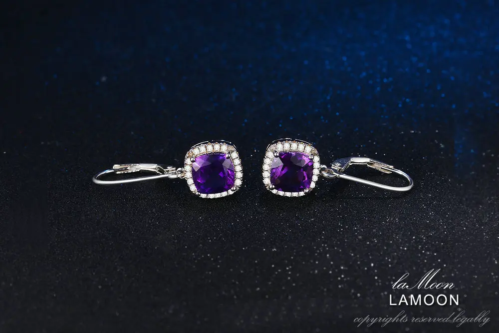 LAMOON-6 мм 2.4ct натуральный Фиолетовый аметист 925 пробы серебряные ювелирные изделия Висячие серьги S925 LMEI001
