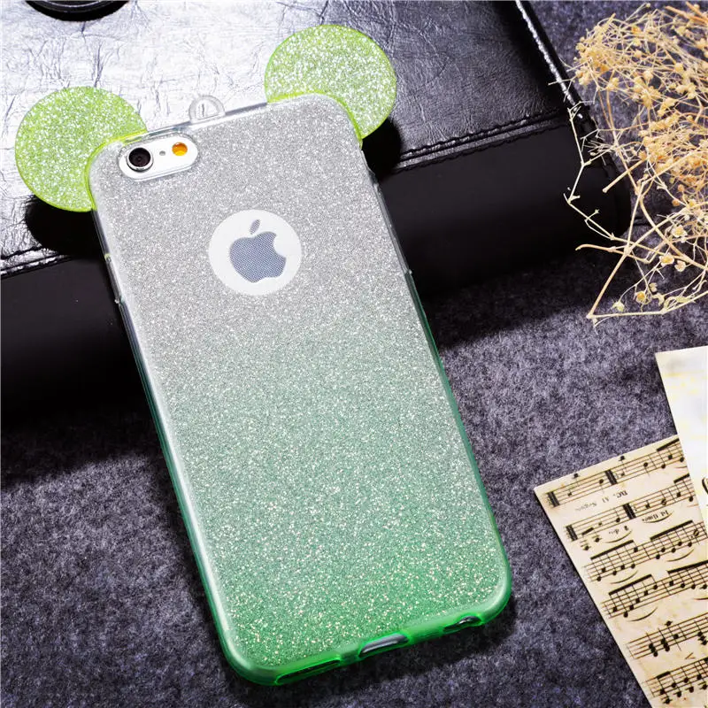 Shiny Soft TPU Phone Case For iPhone 6 6S 6Plus 6sPlus Cute 3D Mouse Ears Glitter Powder Gradient Colors Back Cover Hang Rope |