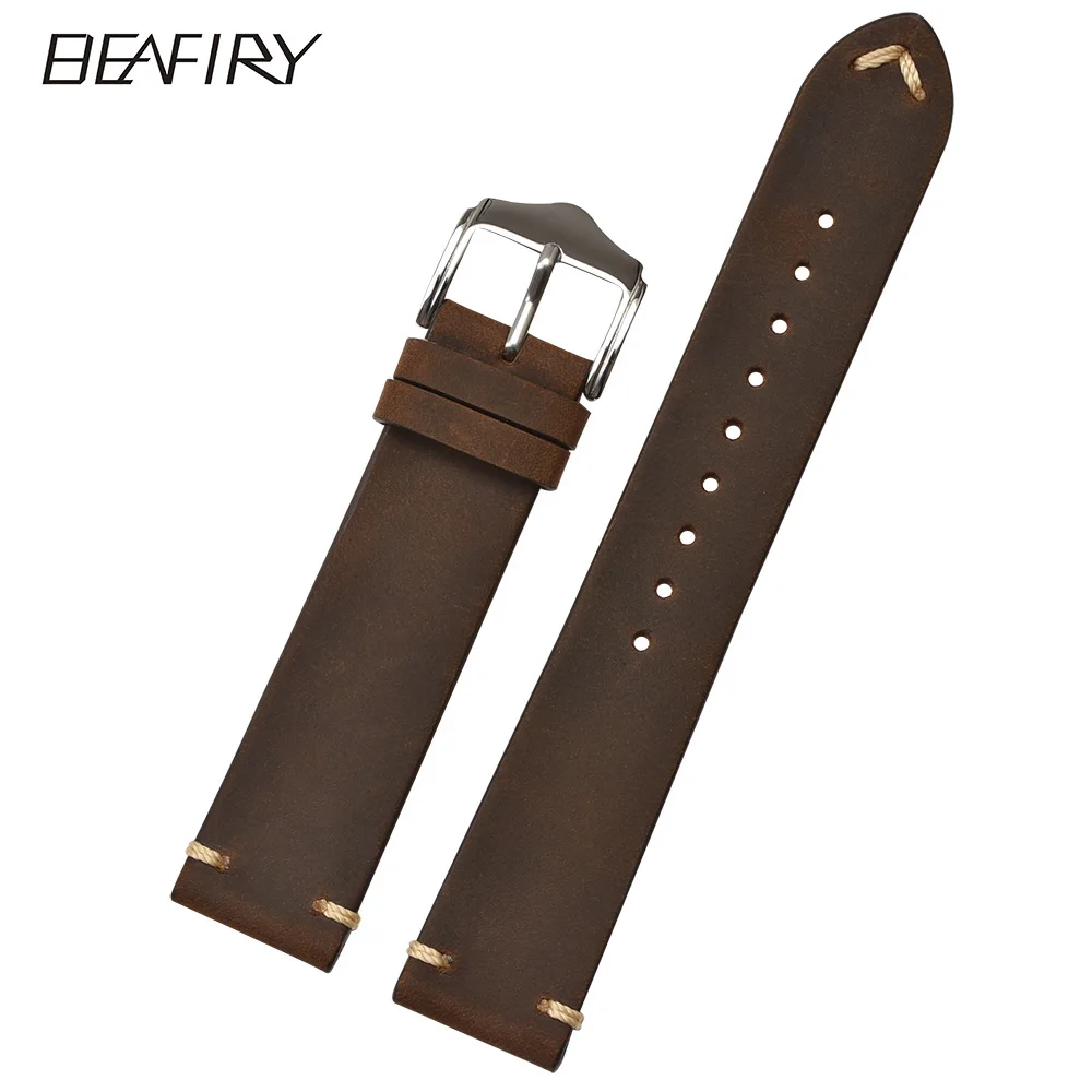 

BEAFIRY Hot Brown Vintage Crazy Horse Genuine Leather 18mm 20mm 22mm Watch Band Calfskin Leather Watch Strap for Men Women Belt