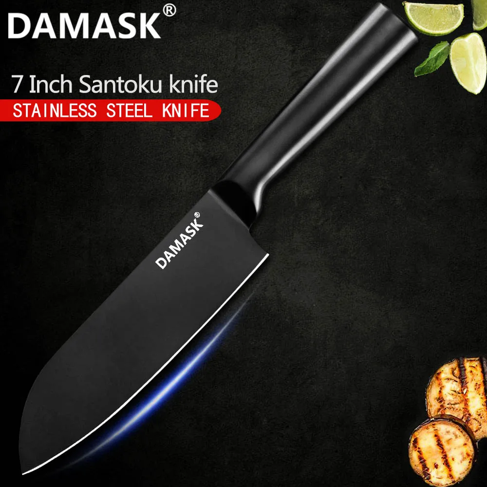 7 inch Santoku Дамасский Набор ножей шеф-повара 4Cr14mov ножи из нержавеющей стали Кливер Santoku Универсальный высокопрочный черный кухонный нож инструменты для приготовления пищи - Цвет: 7 inch Santoku