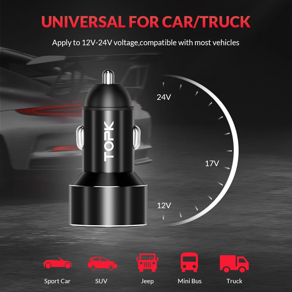 Автомобильное зарядное устройство TOPK с двумя USB портами и цифровым дисплеем для