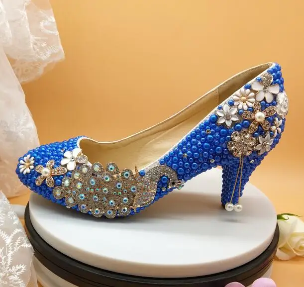 6cm shoe Новое поступление павлин королевские синие жемчужные бриллиантами туфли низкая обувь на высоком каблуке вечерние/свадебные туфли-лодочки на высоком каблуке модные стразы обувь для невесты для женщин - Цвет: 6cm shoe