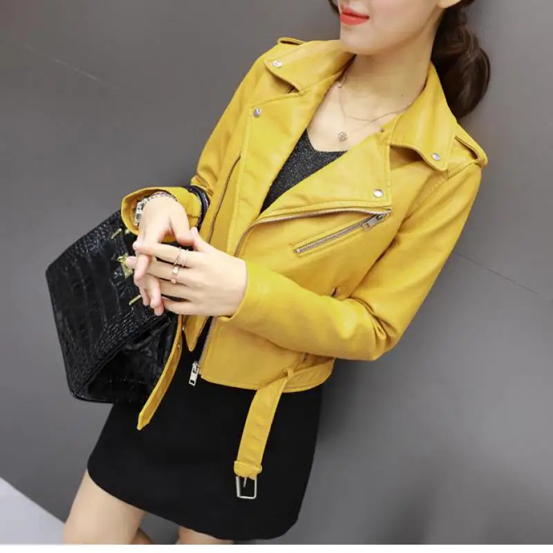 

Outwear Female brand Winter Autumn Motorcycle leather jackets yellow leather jacket women leather coat slim PU jacket Leather