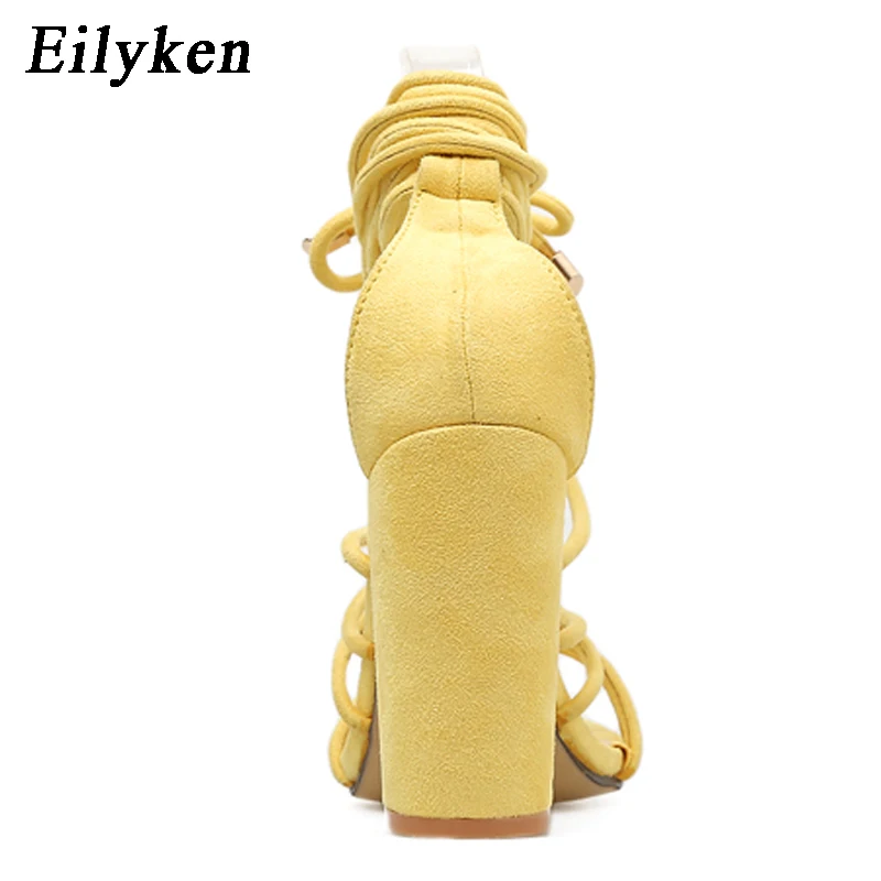Eilyken/ г. Новые летние модные желтые черные женские сандалии на шнуровке с ремешком на щиколотке на квадратном каблуке размер 35-40