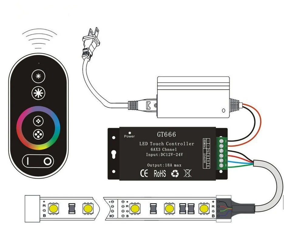 Схема подключения лед контроллера Беспроводной сенсорный контроллер RGB DC12V-24V GT666, 6 каналов, 18 А, с сенсор