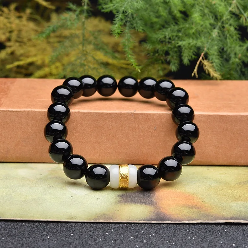24K желтый золотой белый жадеит бусины натуральный черный Агат браслет эластичная