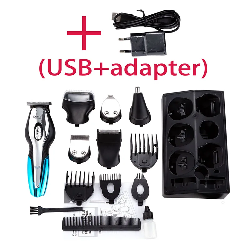 USB and adapter Kemei триммер для волос 6 в 1 машинка для стрижки волос электробритва триммер для бороды мужской набор для ухода Инструменты для укладки станок для бритья для парикмахера - Цвет: USB and adapter