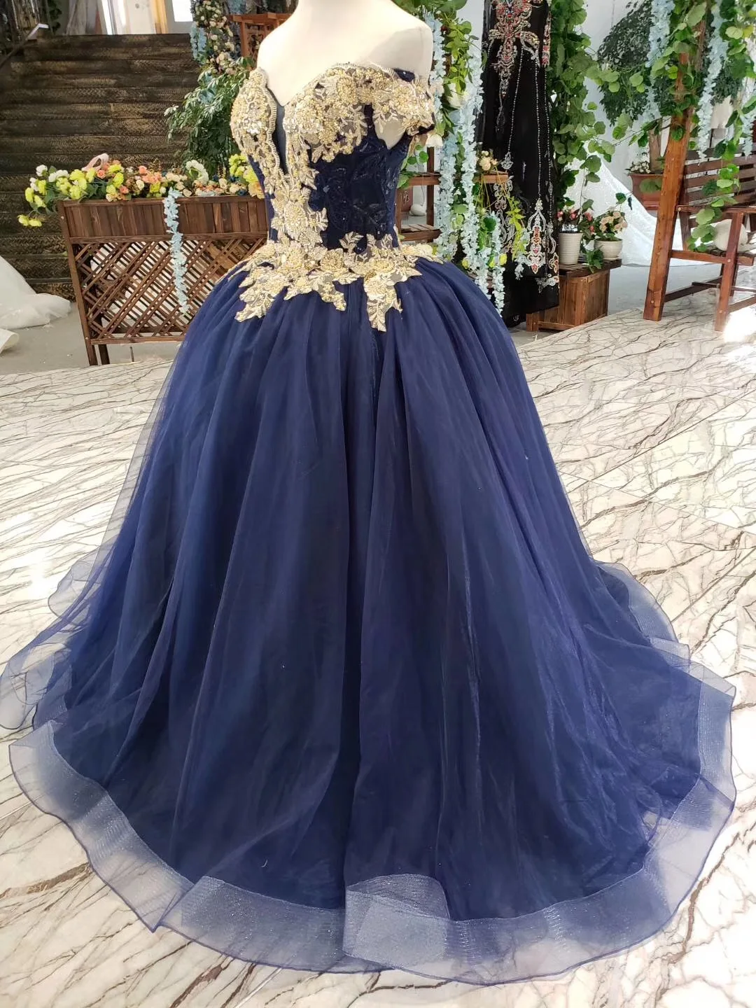 

2019 Floor Length Off The Shoulder Gold Beaded Embroidery Bodice Sparkly Navy Blue Skirt long Prom Dresses