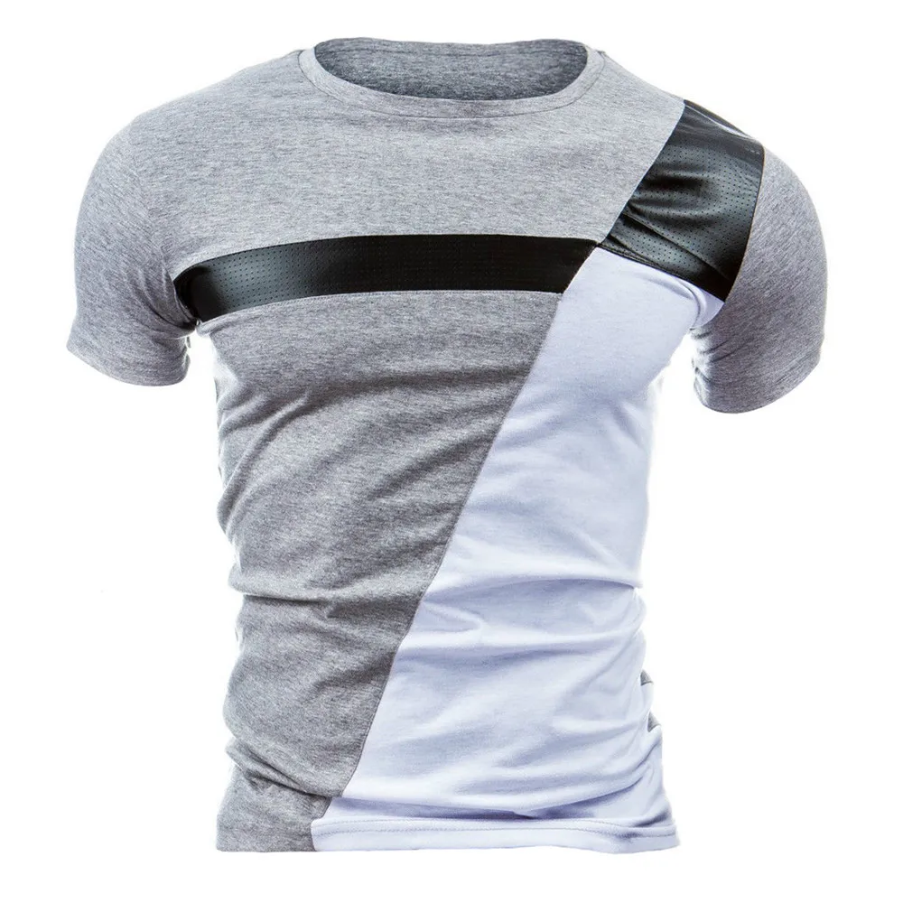 2018 Summer New Arrival High Quality PU Leather Splice Short Sleeve Men T-Shirt Fashion Cotton Casual Round Neck Leisure Time | Мужская
