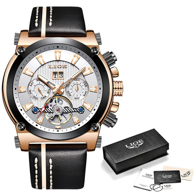 Rose gold white LIGE мужские часы Лидирующий бренд Роскошные бизнес модные автоматические часы Tourbillon кожа водонепроницаемые механические часы возраст девушка часы - Цвет: Rose gold white
