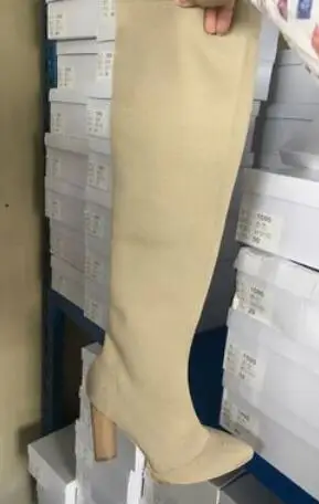 beige pointed toe Модная пикантная обувь с острым носком на высоком каблуке в стиле Ким Кардашьян; женские ботильоны из эластичного трикотажа; женские ботильоны с деревянным массивным каблуком - Цвет: beige pointed toe