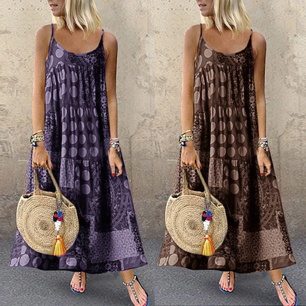 Женское платье на бретельках длинное большого размера с принтом|Женские платья| |