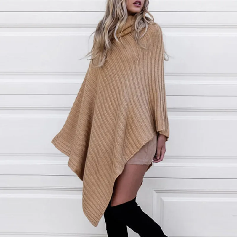 Хлопковый свободный свитер с высоким воротником Женский вязаный пончо