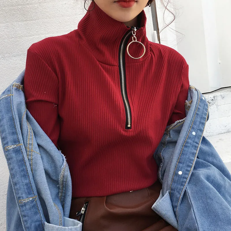 Autumn Winter Women Zipper Sweaters Causal Turtleneck Long Sleeve Knitted Bottom Pullovers Red Black women clothing | Женская одежда