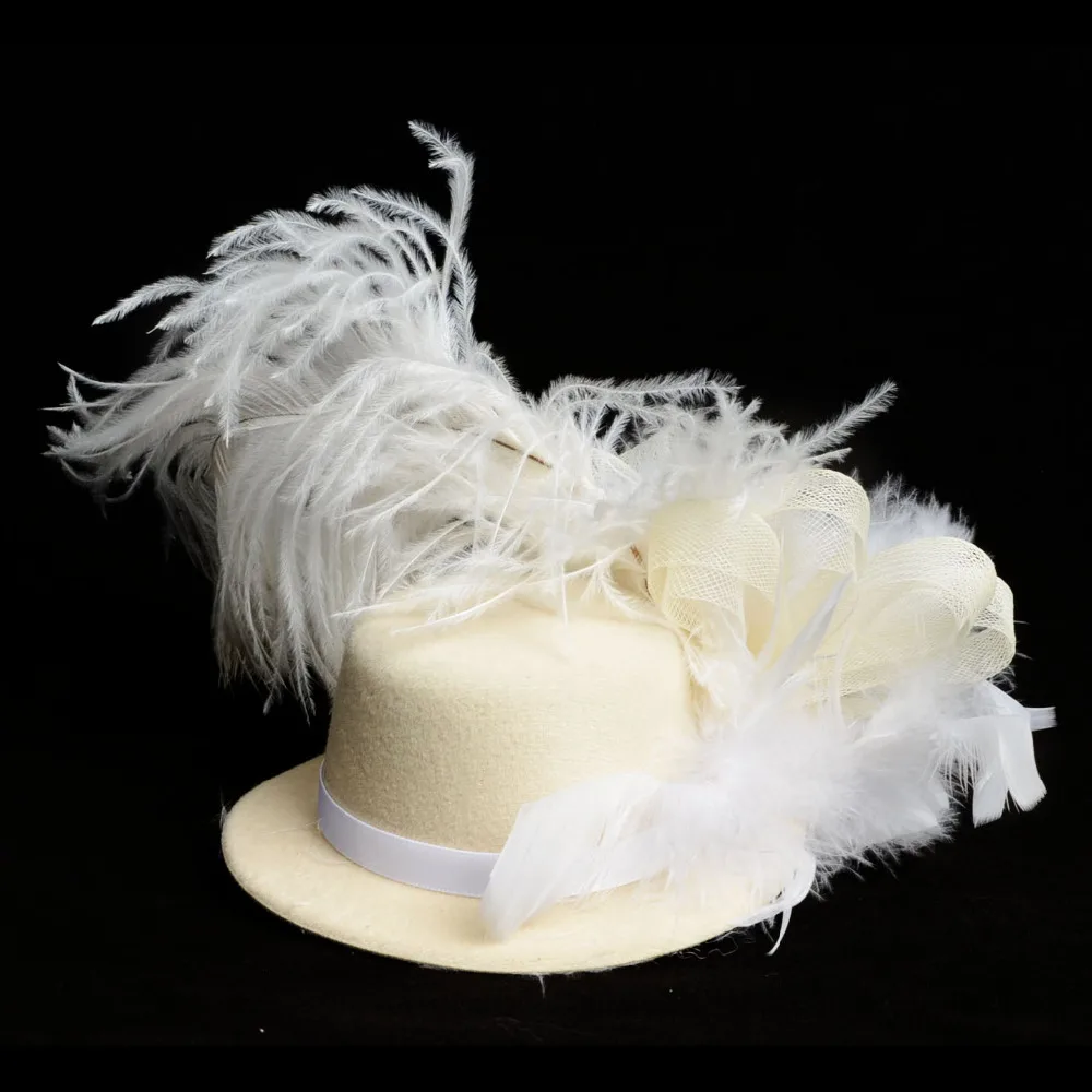 New Solid Cream Feather Mini Top Hat Organza Mesh Hair Clip Fascinator Wedding Bridal Party Brides Accessories for women |
