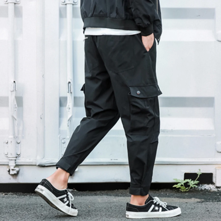 Мужские повседневные свободные штаны до щиколотки с карманами 5XL черные шаровары