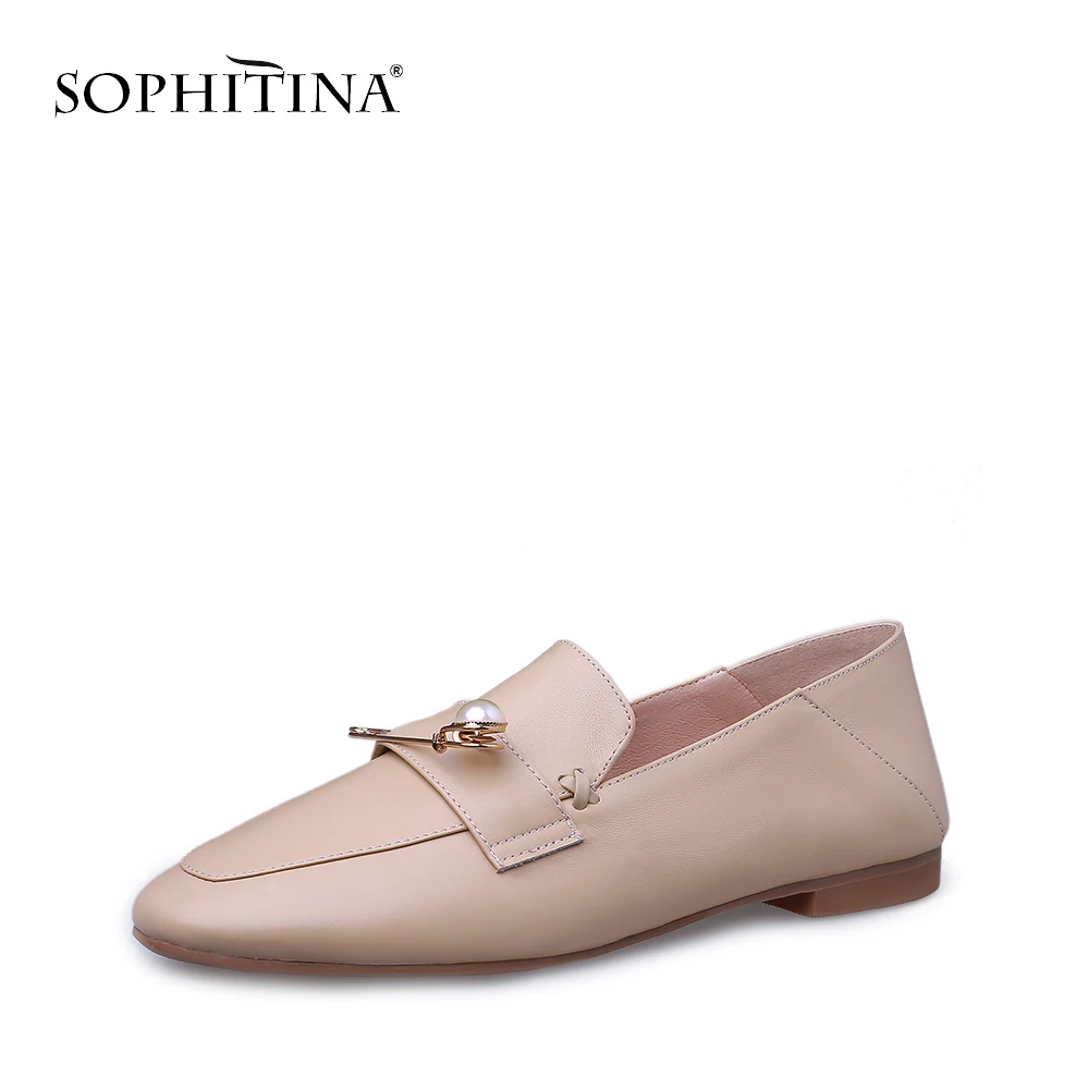 SOPHITINA/Новинка года; однотонная классическая женская обувь из коровьей кожи высокого качества на плоской подошве с круглым носком; обувь без застежки в деловом стиле с украшением из жемчуга; PO36