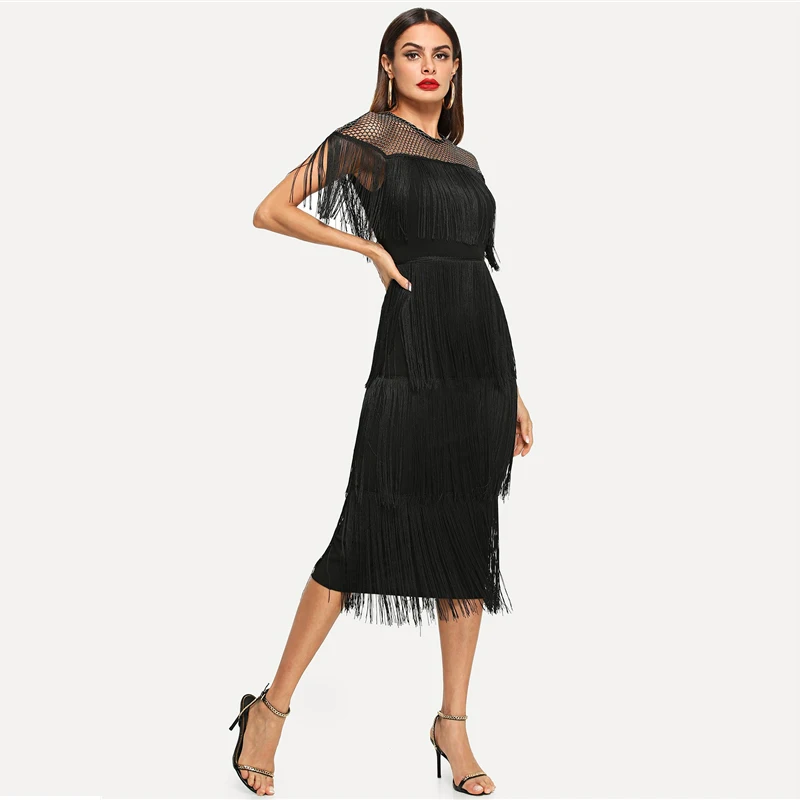 SHEIN Black Highstreet Party Going Out Elegant Sheer Yoke Layered Fringe Detail Dress Autumn Modern Lady Women Dresses
