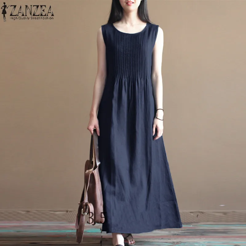 ZANZEA летнее вечернее платье для женщин без рукавов плиссированные длинные