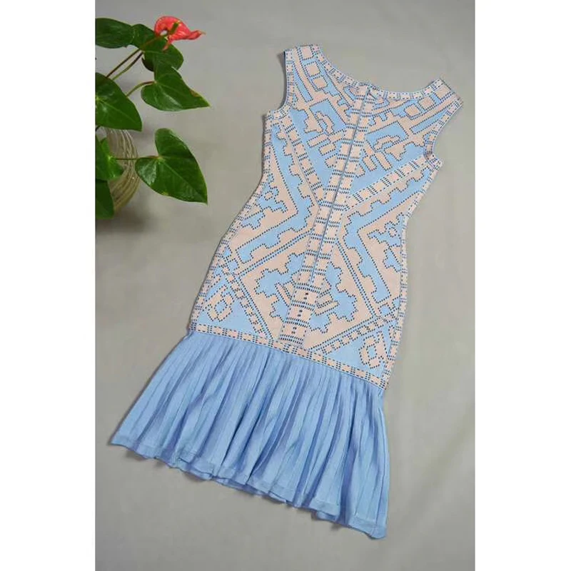 

Elegant Sky Blue Women Dress High Quality Sleeveless Midi Celebrity Party Dress Luxury Rufles Bodycon Vestidos Dropshipping