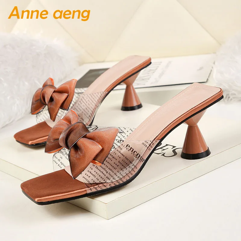 

2019 New Summer Outside Women Slippers High Spike Heel Butterfly-Knot Sweet Fashion Women Shoes Orange Female Mules Slides
