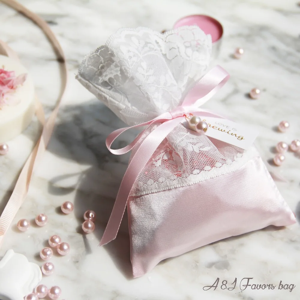 

50pcs lot Personalized tag Elegant Pink Satin Lace Chocolate package Bridal Girl Baby shower party wedding favor gift bags
