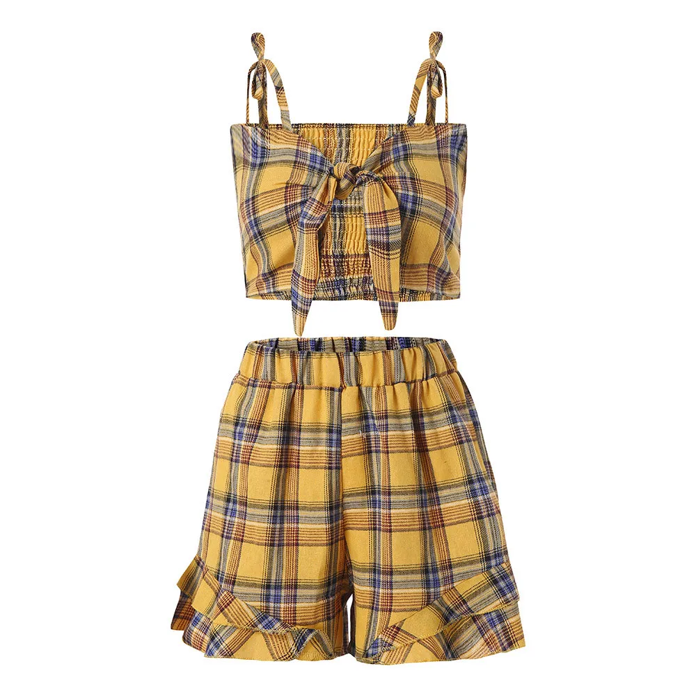 

Ladies Sexy Plaid Crop Tops Shorts Sets Bow Linen Conjunto Feminino Tank Tops Two Piece Set Summer Komplety Damskie