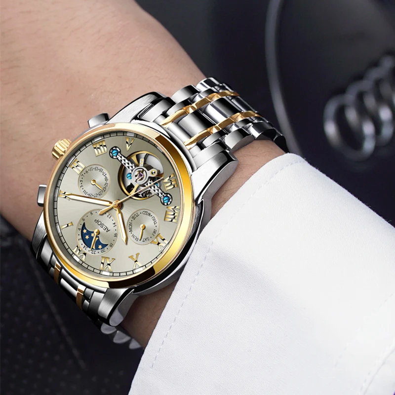 AESOP деловые механические часы мужские Скелет турбийон автоматические золотые