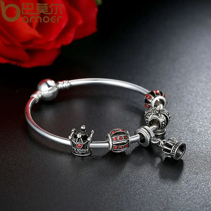 Простой 925 серебряный браслет и с королевская корона подвеска красный