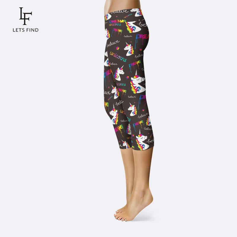 LETSFIND Fashion 3D Cartoon Unicorn Print Capri Leggings Plus Size Mid-Calf 3/4 Stretch Black Women High Waist Pants | Женская одежда