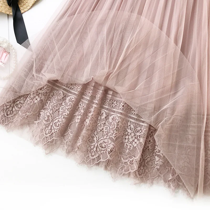 Street Wear Midi Pleated Skirt Women Gothic High Waist Tulle Long Dames 2019 Female A-Line Lace Mid-Calf | Женская одежда