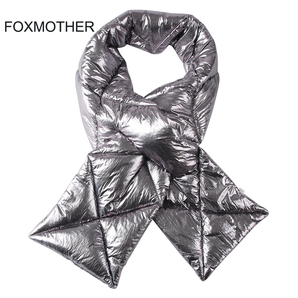 

FOXMOTHER 2021 New Design Brand Winter Black Sliver Down Scarf Collar Neck Warmer Stuff Scarves Metallic Echarpe Women