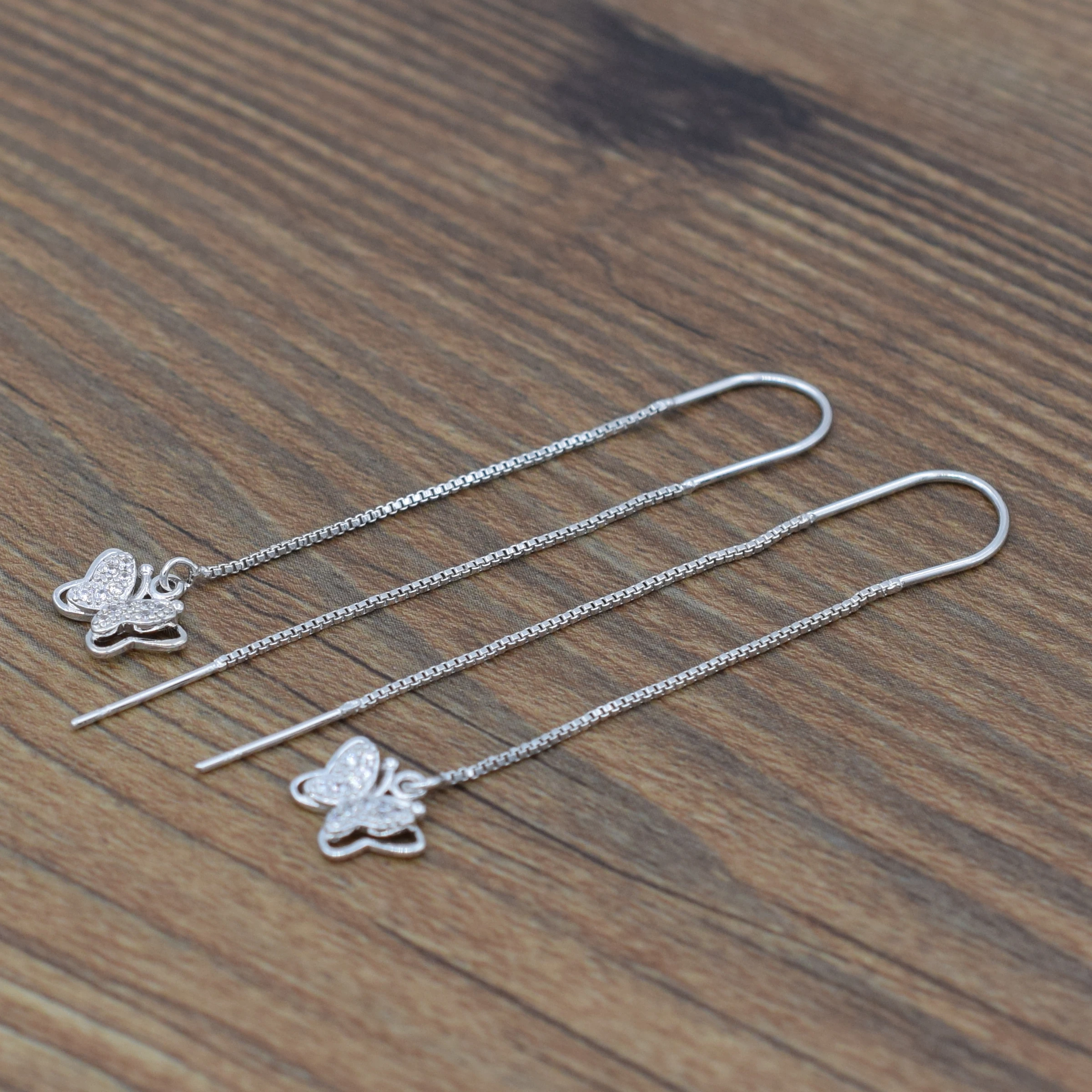 Женские длинные висячие серьги с бабочками из циркона корейские Серебристые