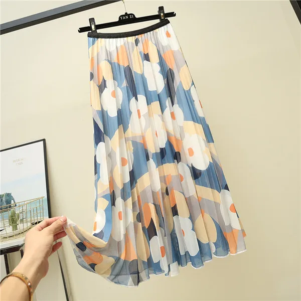 Summer Sweet Flower Print Midi Skirt Women High Waist Pleated Skirt Sunflower Holiday Chiffon Mid-Calf A-Line Skirts - Цвет: picture color