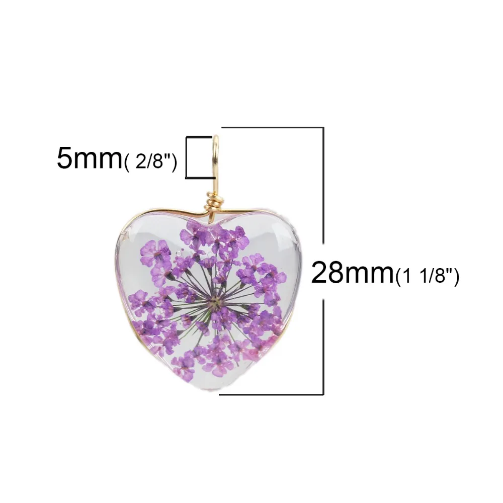 DoreenBeads стеклянный и сушеный цветок Подвески кулон сердце розовый Красочный