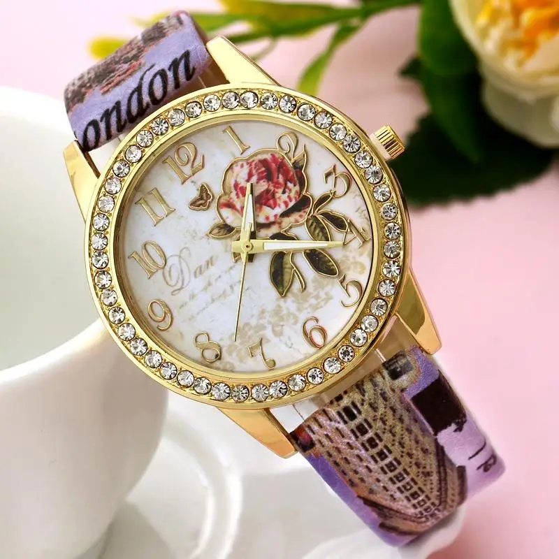 Reloj mujer, женские часы с розами, с узором, с циферблатом, женские наручные часы, кожаный ремешок с граффити, женские часы, relogio feminino - Цвет: Фиолетовый