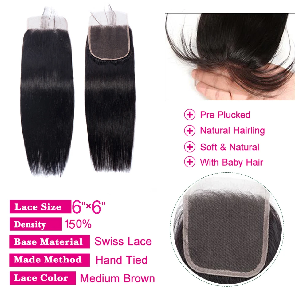 5x5 Закрытие с пучками человеческих волос закрытием малазийские прямые волосы 3 4