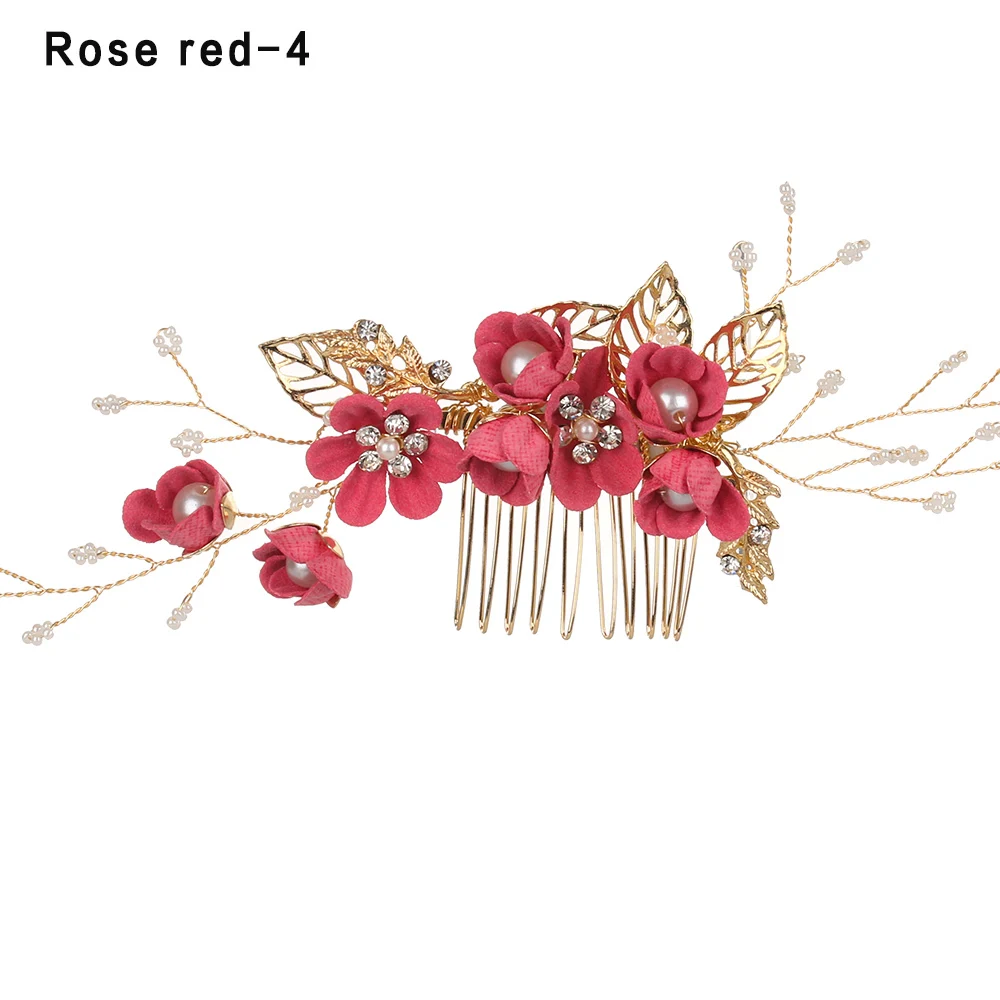 rose red 04 Модные расчески для волос с голубыми и красными цветами; головной убор для невесты; Свадебные украшения; аксессуары для волос с золотыми листьями; заколки для волос и палочки - Окраска металла: rose red 04