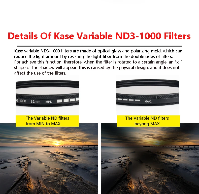 Kase переменный многослойный ND фильтр ND3-ND1000 фильтр нейтральной плотности фейдер Регулируемый 67 мм 72 мм 77 мм 82 мм оптическое стекло