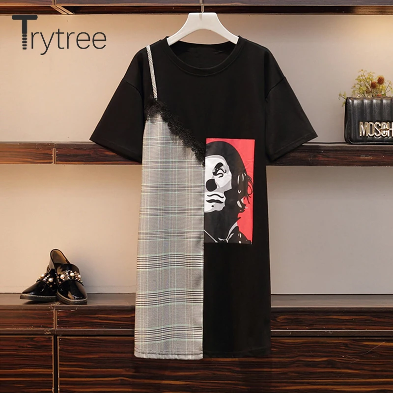 Trytree летнее осеннее платье женское повседневное прямое асимметричное хлопковое платье пэчворк кружевное клетчатое платье из полиэстера платье для улицы
