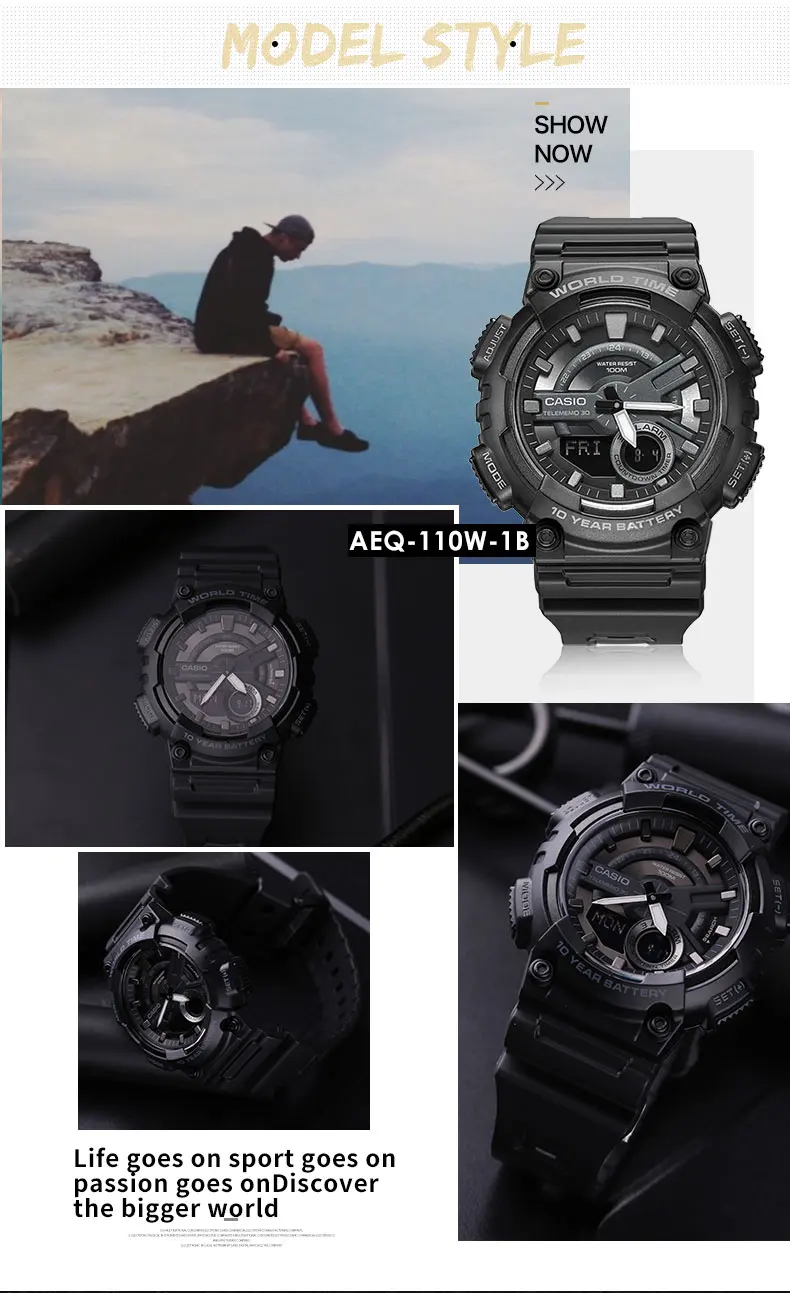 Casio Часы спортивные серии Мода двойной дисплей многофункциональные электронные мужские часы AEQ-110W-1B