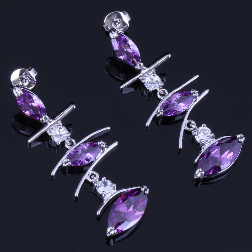 

Charismatic Long Marquise Purple Cubic Zirconia White CZ Silver Plated Drop Dangle Earrings V0791