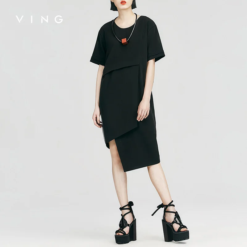 Новинка женское асимметричное шифоновое платье повседневное с круглым вырезом