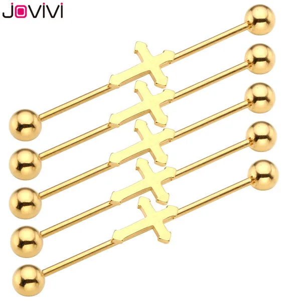 Jovivi цена 16Ga Крест винт мяч Длинные Промышленные Штанги Серьги, Надеваемые На ушной хрящ из нержавеющей стали пирсинг тела, ушей ювелирные изделия - Окраска металла: 5x Gold