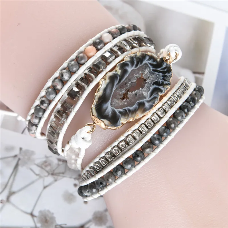 5 слоев натуральный камень кожаный браслет изысканный микс камней для женщин