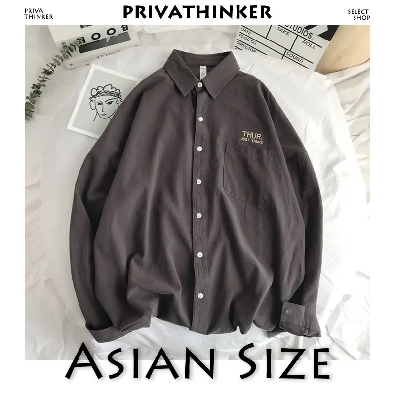 DarkGrey(AsianSize) Privathinker, Мужская Однотонная рубашка с длинным рукавом,, Мужская корейская модная рубашка с вышивкой в понедельник, Мужская Уличная Весенняя женская рубашка - Цвет: DarkGrey(AsianSize)